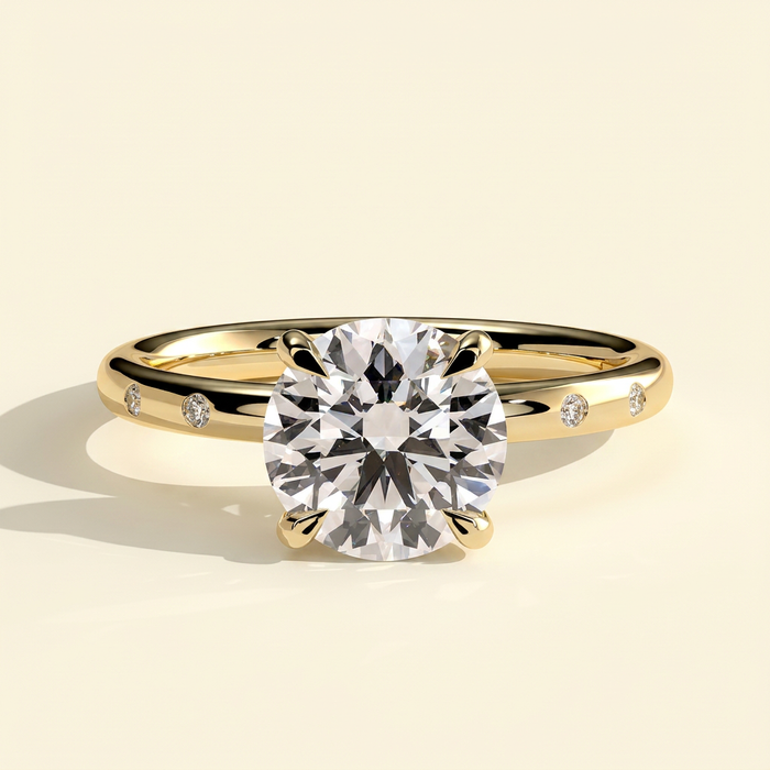The Diamara - Round Cut Lab Grown Diamond Solitaire with Inset Round Side Stones in a Sleek Band Engagement Ring