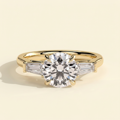 The Serena - Round Cut Lab Grown Diamond Three Stone with Tapered Baguette Side Stones and Cathedral Setting Engagement Ring