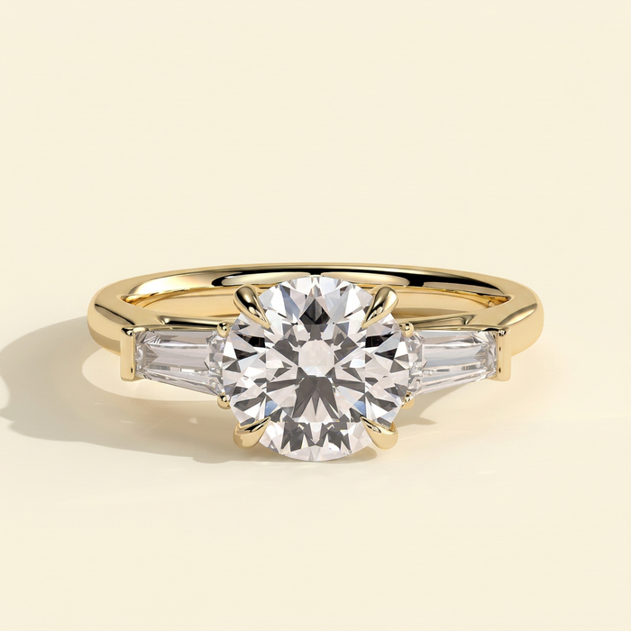 The Serena - Round Cut Lab Grown Diamond Three Stone with Tapered Baguette Side Stones and Cathedral Setting Engagement Ring
