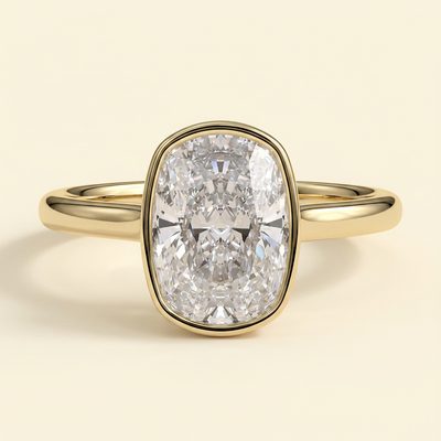 The Bella - Elongated Cushion Cut Lab Grown Diamond Solitaire Ring with Bezel Hidden Halo