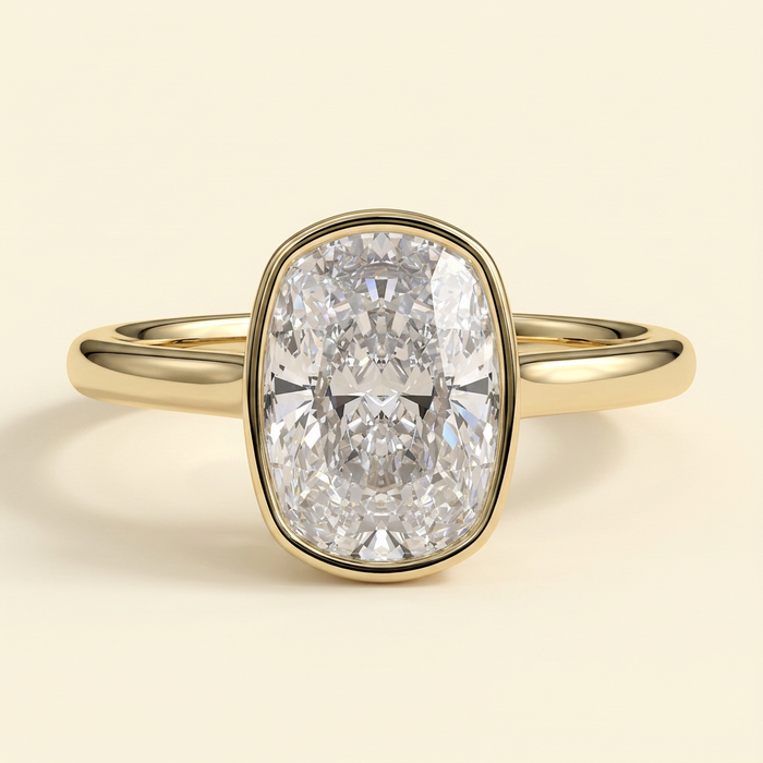 The Bella - Elongated Cushion Cut Lab Grown Diamond Solitaire Ring with Bezel Hidden Halo