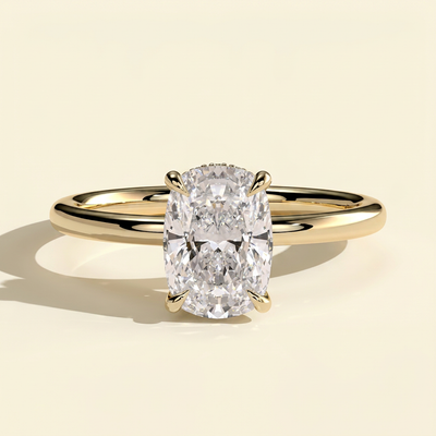 The Neve - Elongated Cushion Cut Lab Grown Diamond Solitaire with Wrap Around Hidden Halo Engagement Ring