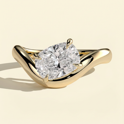 The Aelora - Elongated Cushion Cut Lab Grown Diamond East West Solitaire with Wave Band Engagement Ring