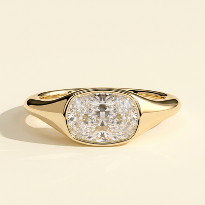 The Xara - Elongated Cushion Cut Lab Grown Diamond East West Bezel Set Solitaire with Signet Band Engagement Ring