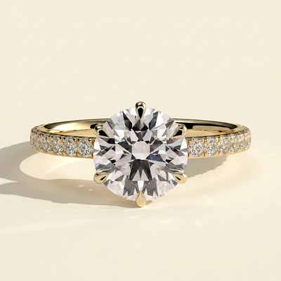 The Jolie - Round Cut Lab Grown Diamond Six Claw Solitaire with Crown Gallery and Pave Band Engagement Ring