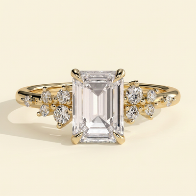 The Jemma - Emerald Cut Lab Grown Diamond Four Claw Solitaire with Clustered Round Shoulder Stones Engagement Ring