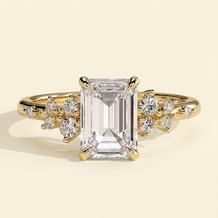 The Jemma - Emerald Cut Lab Grown Diamond Four Claw Solitaire with Clustered Round Shoulder Stones Engagement Ring