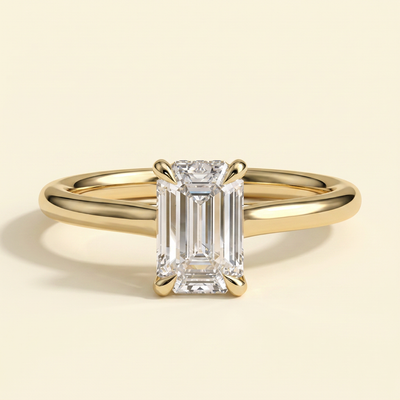 The Giova - Emerald Cut Lab Grown Diamond Four Claw Solitaire with Hidden Halo Engagement Ring
