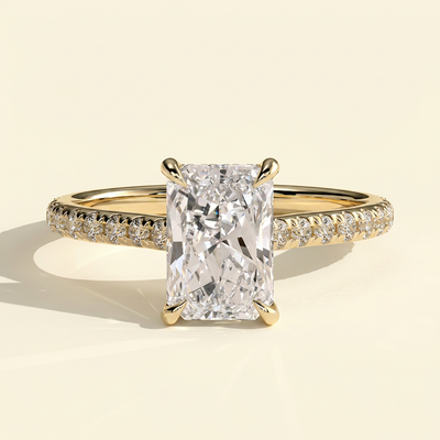 The Della - Radiant Cut Lab Grown Diamond Cathedral Solitaire with Hidden Halo and Pave Band Engagement Ring