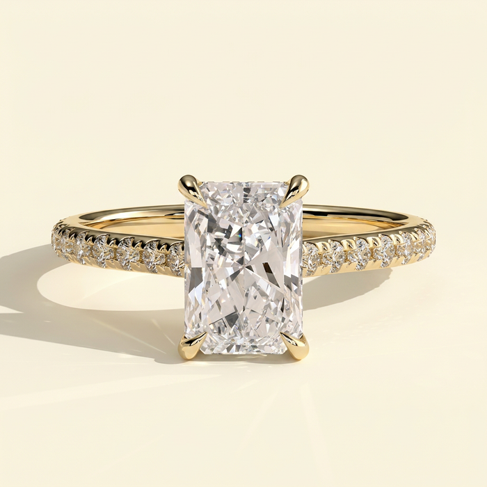 The Della - Radiant Cut Lab Grown Diamond Cathedral Solitaire with Hidden Halo and Pave Band Engagement Ring