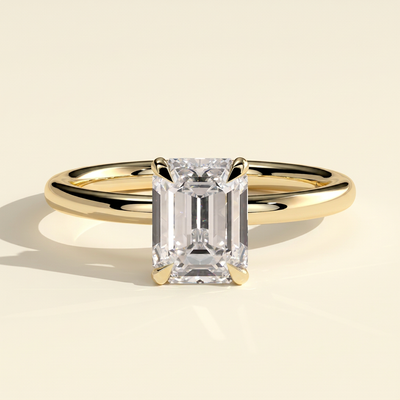 The Izara - Emerald Cut Lab Grown Diamond Four Claw Solitaire with Wrap Around Hidden Halo Engagement Ring