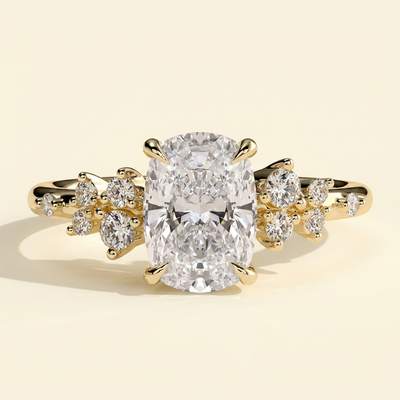 The Oriana - Elongated Cushion Cut Lab Grown Diamond Solitaire with Clustered Round Shoulder Stones Engagement Ring