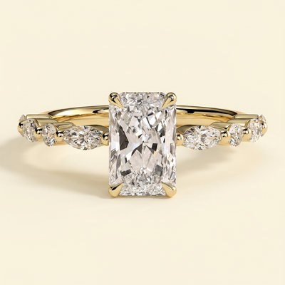 The Hana - Radiant Cut Lab Grown Diamond Hidden Halo Solitaire with Alternating Round and Marquise Accent Band Engagement Ring