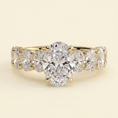 The Tesoro - Oval Cut Lab Grown Diamond Solitaire with Oval Half Eternity Band and Hidden Halo Engagement Ring