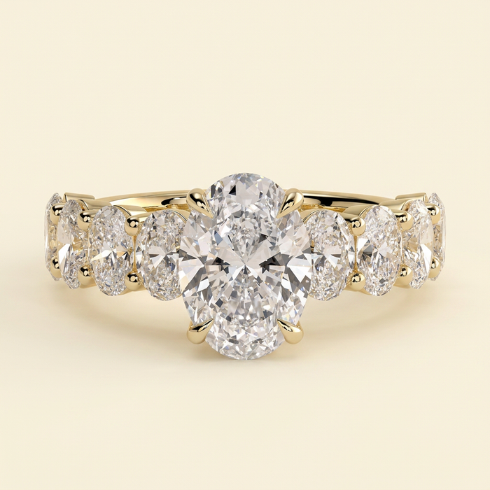 The Tesoro - Oval Cut Lab Grown Diamond Solitaire with Oval Half Eternity Band and Hidden Halo Engagement Ring