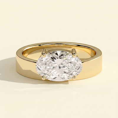 The Sella - Oval Cut Lab Grown Diamond East West Offset Solitaire with Flat Cigar Band Engagement Ring