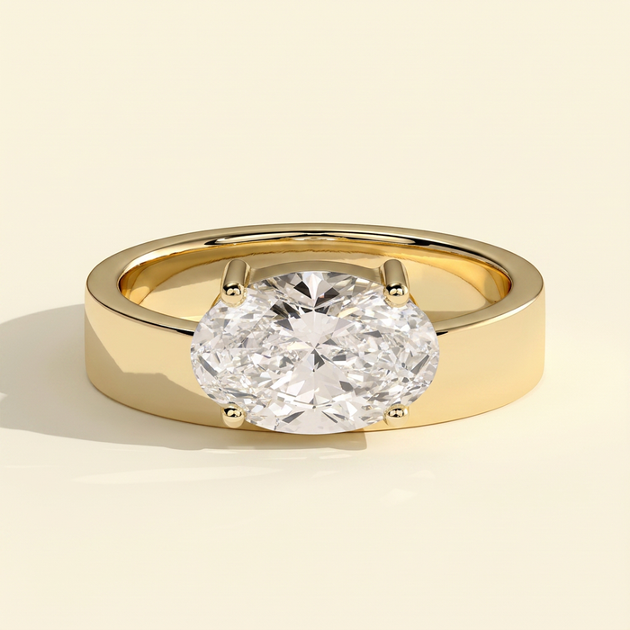 The Sella - Oval Cut Lab Grown Diamond East West Offset Solitaire with Flat Cigar Band Engagement Ring
