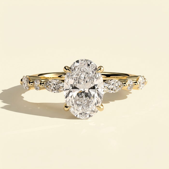 The Deva - Oval Lab Grown Diamond Ring with Marquise and Round Side Stones