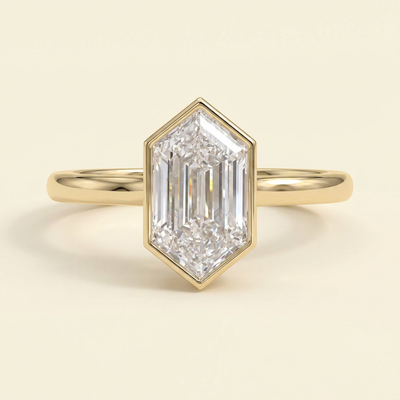 The Reina - Elongated Hexagon Cut Lab Grown Diamond Solitaire Ring with Bezel Hidden Halo