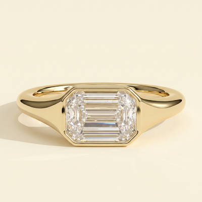 The Joia - Emerald Cut Lab Grown Diamond East West Bezel Set Solitaire with Signet Band Engagement Ring