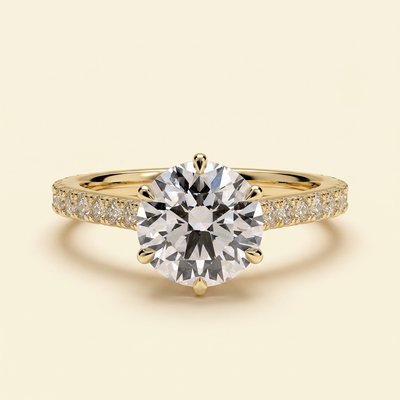 The Malia - Round Cut Lab Grown Diamond Six Claw Cathedral Solitaire with Pave Band Engagement Ring