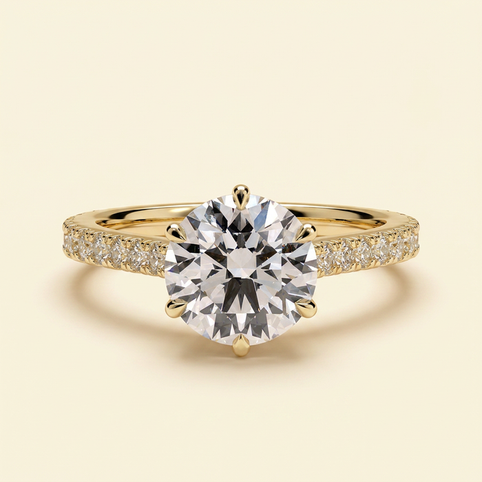The Malia - Round Cut Lab Grown Diamond Six Claw Cathedral Solitaire with Pave Band Engagement Ring