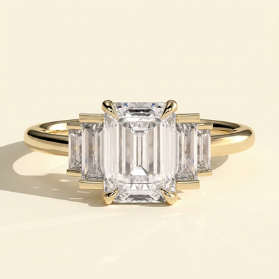 The Solene - Emerald Cut Lab Grown Diamond Solitaire with Graduating Baguette Shoulder Stones Engagement Ring