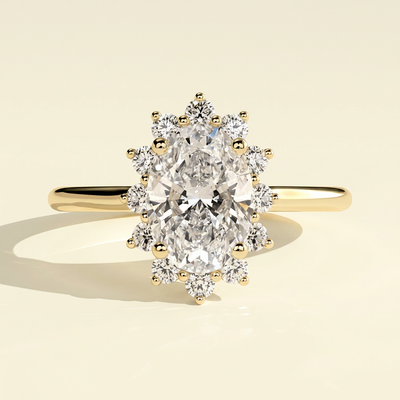 The Keila - Oval Cut Lab Grown Diamond Solitaire with Sunburst Halo Ring