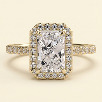 The Lunelle - Radiant Lab Diamond Solitaire with Halo and Pave Band and Cathedral Setting Ring