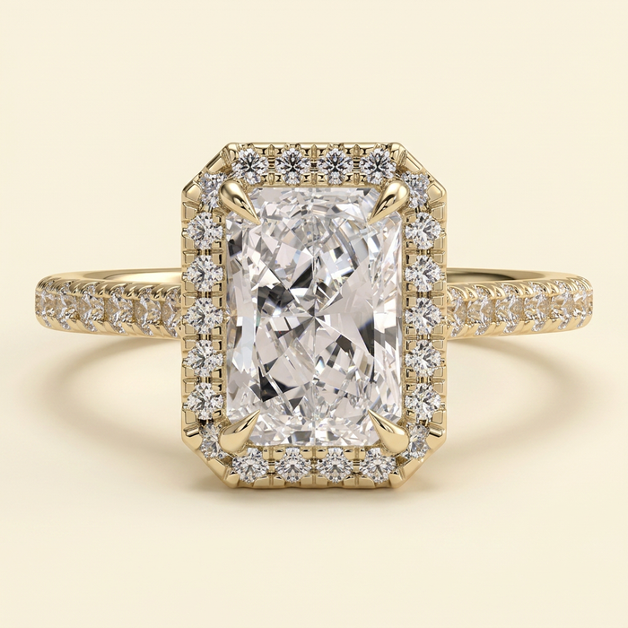 The Lunelle - Radiant Lab Diamond Solitaire with Halo and Pave Band and Cathedral Setting Ring
