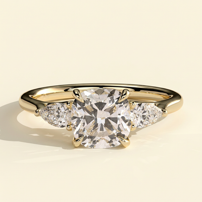 The Leonie - Cushion Cut Lab Grown Diamond Three Stone Engagement Ring with Woven Trellis Setting