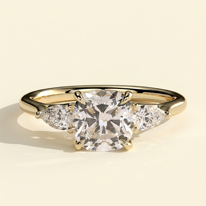 The Leonie - Cushion Cut Lab Grown Diamond Three Stone Engagement Ring with Woven Trellis Setting