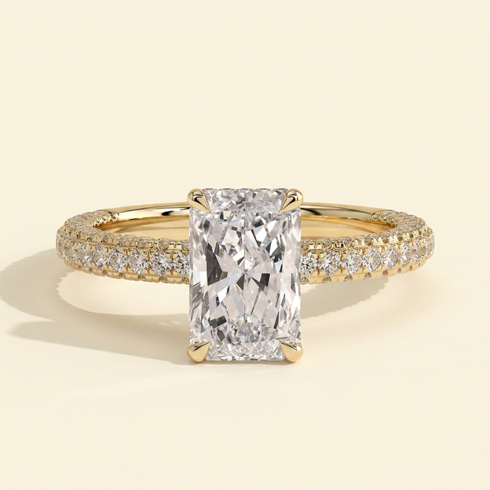 The Maia - Radiant Cut Lab Grown Diamond Hidden Halo Engagement Ring with Triple Pave Band