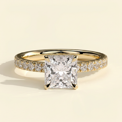 The Estelle - Princess Cut Lab Grown Diamond Solitaire with Wrap Around Hidden Halo Engagement Ring