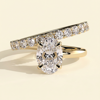 The Veora - Oval Cut Lab Grown Diamond Solitaire with Angled Pave Band and a Half Engagement Ring