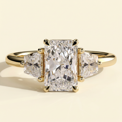 The Celene - Radiant Cut Lab Grown Diamond Trilogy with Trapezoid Side Stones in Low Setting Engagement Ring