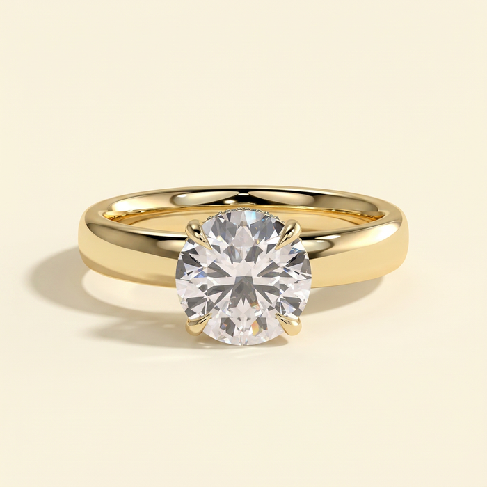 The Miela - Round Cut Lab Grown Diamond Four Claw Solitaire with Hidden Halo and Cigar Band Engagement Ring