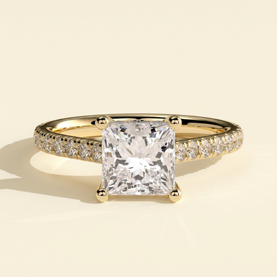 The Tivona - Princess Cut Lab Grown Diamond Four Claw Solitaire with Hidden Halo and Pave Band Engagement Ring