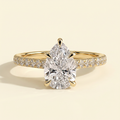 The Margaux - Pear Cut Lab Grown Diamond Five Claw Cathedral Solitaire with Pave Band Engagement Ring