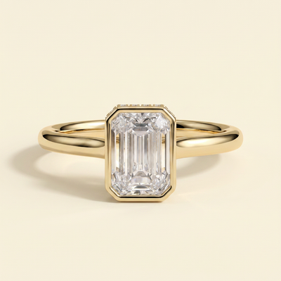 The Eviana - Emerald Cut Lab Grown Diamond Deep Bezel Solitaire with Hidden Halo and Cathedral High Setting Engagement Ring
