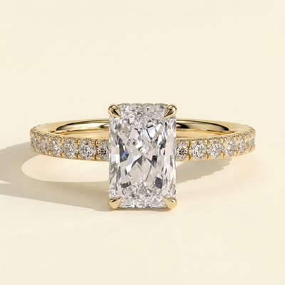 The Elenia - Radiant Cut Lab Grown Diamond Four Claw Solitaire with Hidden Halo and Pave Band Engagement Ring
