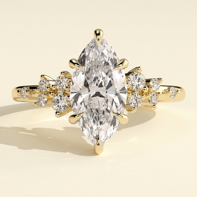 The Nova - Marquise Cut Lab Grown Diamond Basket Set Solitaire with Clustered Round Shoulder Stones Engagement Ring