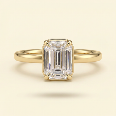 The Coralie - Emerald Cut Lab Grown Diamond Low Set Solitaire with Bezel Frame Engagement Ring