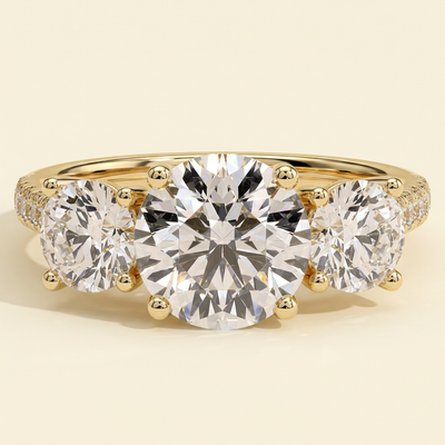 The Azure - Round Cut Lab Grown Diamond Three Stone with Round Side Stones and Pave Band Ring