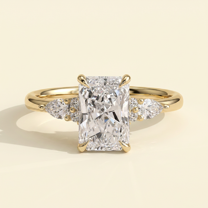 The Raina - Radiant Cut Lab Grown Diamond Three Stone Tulip Gallery Ring with Pear Side Stones