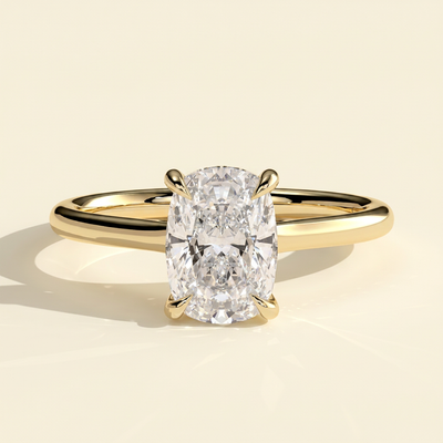 The Blythe - Elongated Cushion Cut Lab Grown Diamond Four Claw Solitaire with Hidden Halo and Cathedral High Setting Engagement Ring