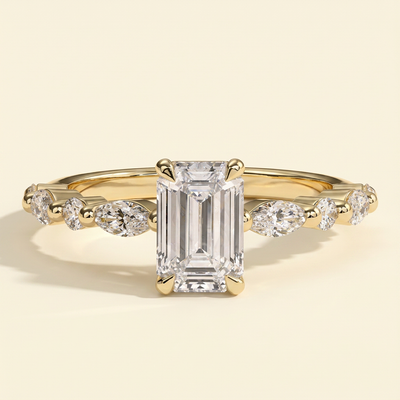 The Jora - Emerald Cut Lab Grown Diamond Solitaire with Marquise and Round Accent Band Engagement Ring