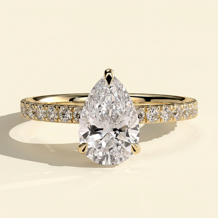 The Hestia - Pear Cut Lab Grown Diamond Wrap Around Hidden Halo Solitaire with Pave Band Engagement Ring