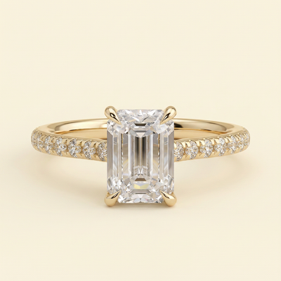 The Tamsin - Emerald Cut Lab Grown Diamond Cathedral Solitaire with Hidden Halo and Pave Band Engagement Ring