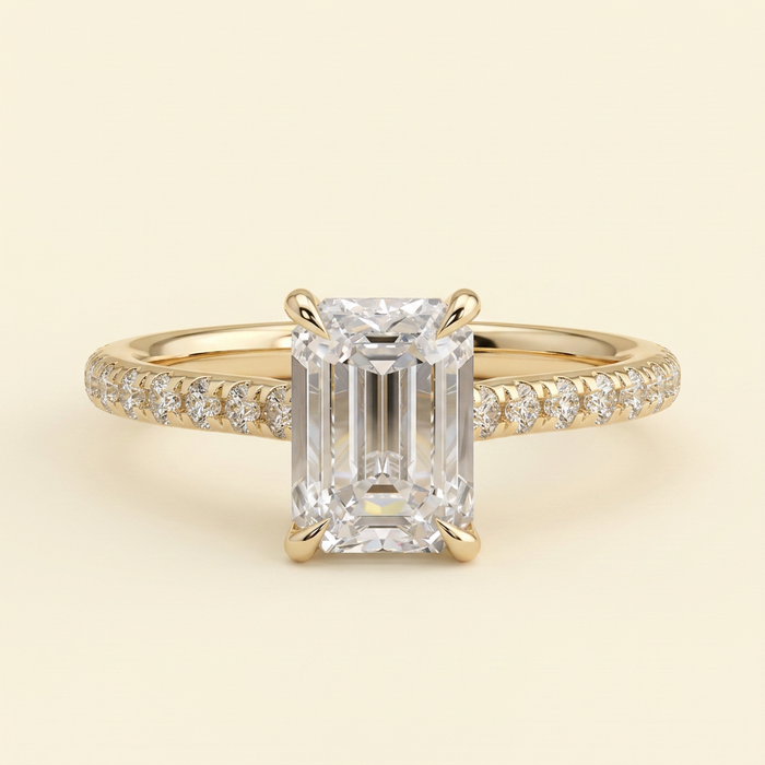 The Tamsin - Emerald Cut Lab Grown Diamond Cathedral Solitaire with Hidden Halo and Pave Band Engagement Ring